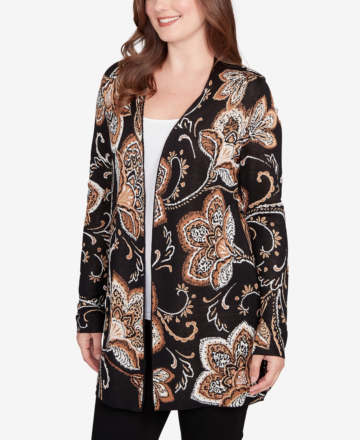 Ruby Rd. Petite Floral Jacquard Cardigan Sweater In Black