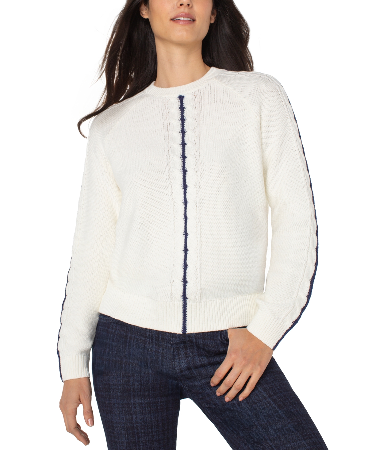 Liverpool Los Angeles Petite Long Sleeve Crewneck Sweater In White