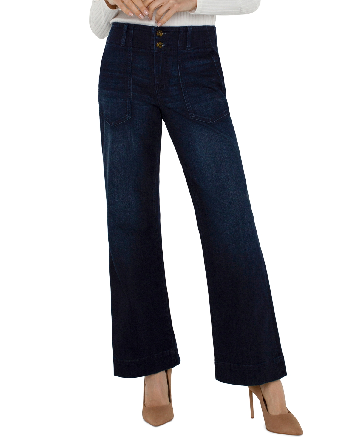 Liverpool Los Angeles Petite Mid Rise Wide Leg Pants In Blue