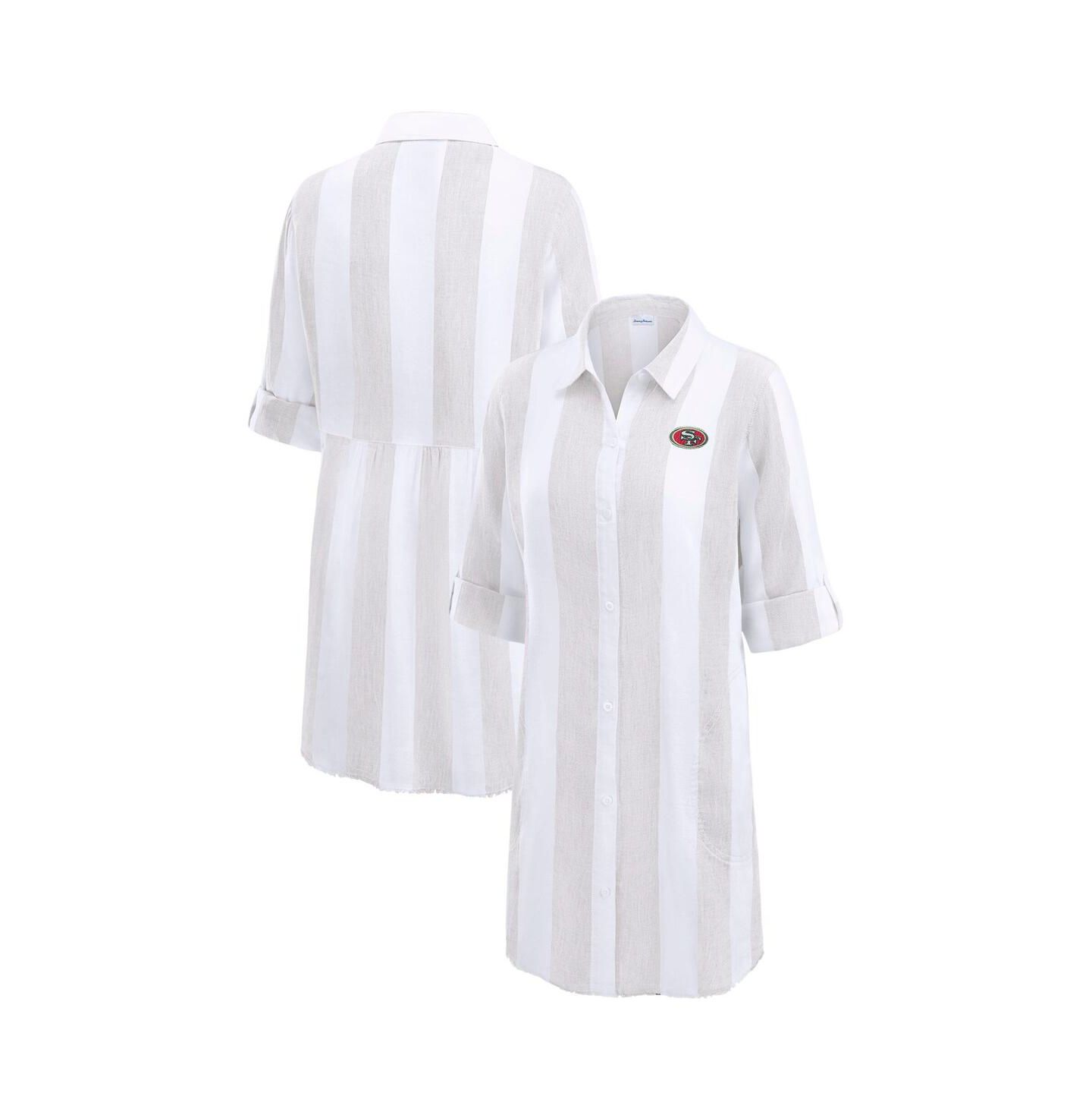 Женский топ Tommy Bahama Khaki/White San Francisco 49ers Rugby Beach Stripe Button-Up Tunic Top — фото 1