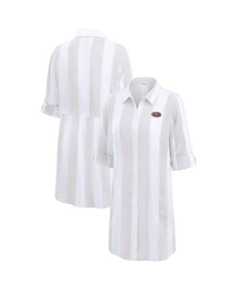 Женский топ Tommy Bahama Khaki/White San Francisco 49ers Rugby Beach Stripe Button-Up Tunic Top