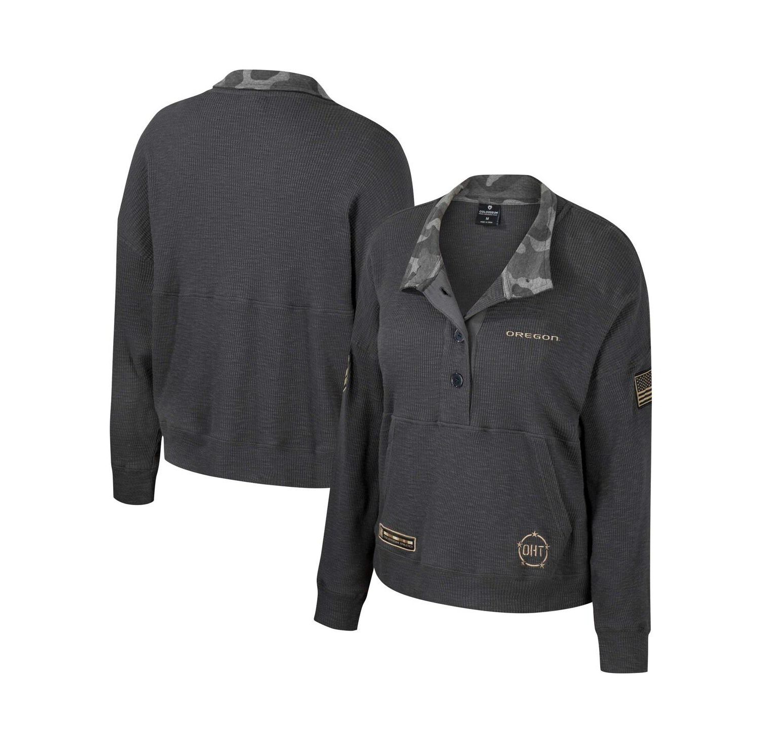 Women's Heather Charcoal Oregon Ducks OHT Military Appreciation Payback Henley Thermal Sweatshirt