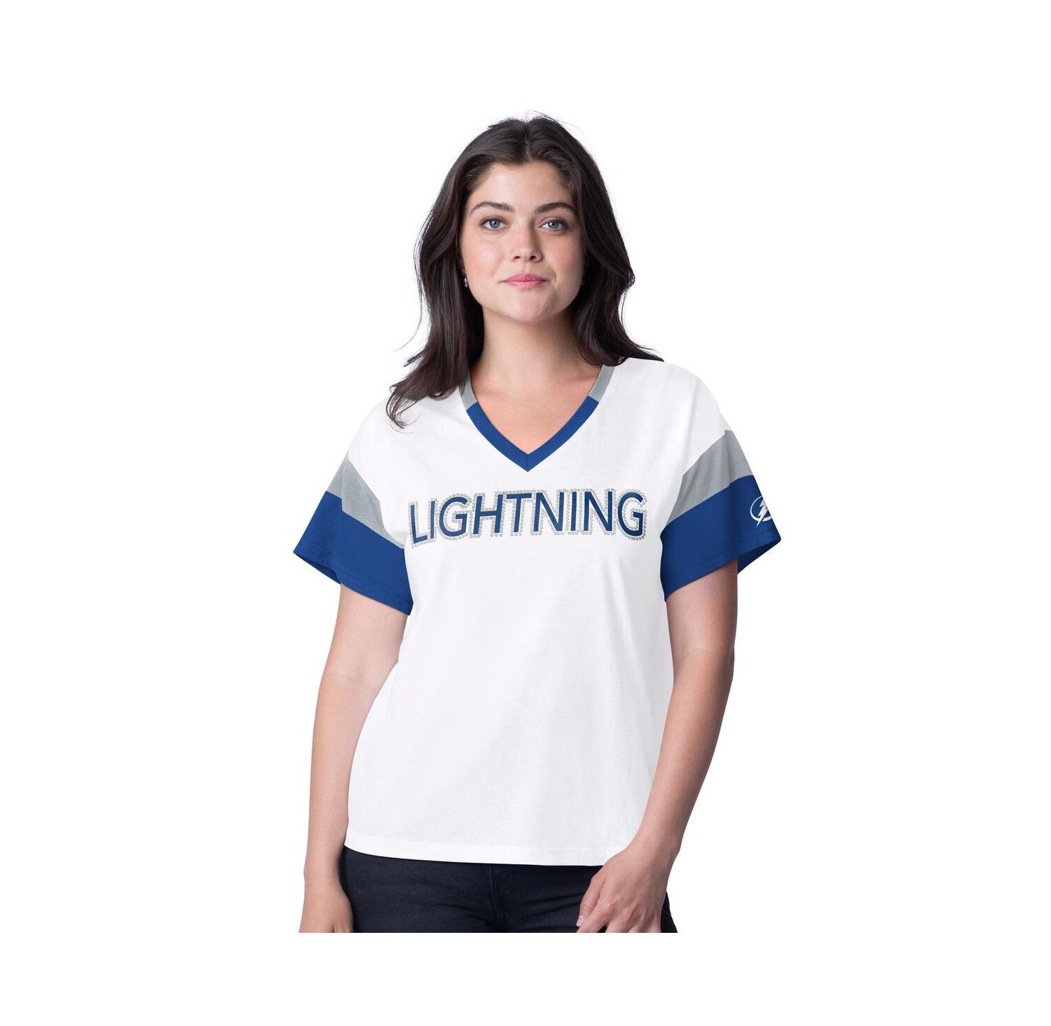 Women's White Tampa Bay Lightning Rink Oversized Rhinestone V-Neck T-Shirt
