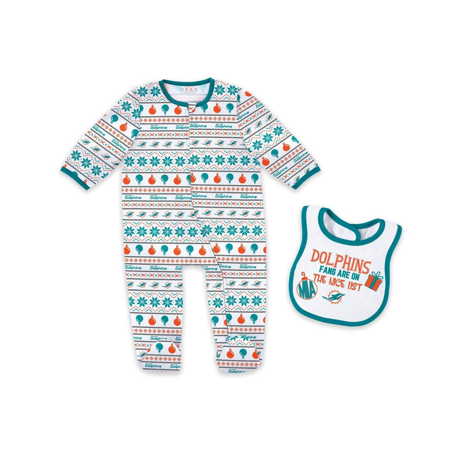 2-Piece Baby Boys and Girls Miami Dolphins Allover Print Full-Zip Sleeper and Bib Set