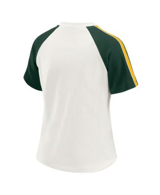 Women's White Green Bay Packers Sleeve Stripe Distressed Raglan T-Shirt