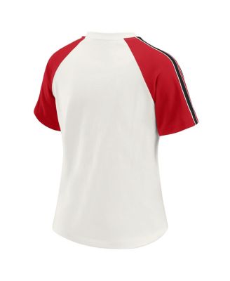 Women's White San Francisco 49ers Sleeve Stripe Distressed Raglan T-Shirt