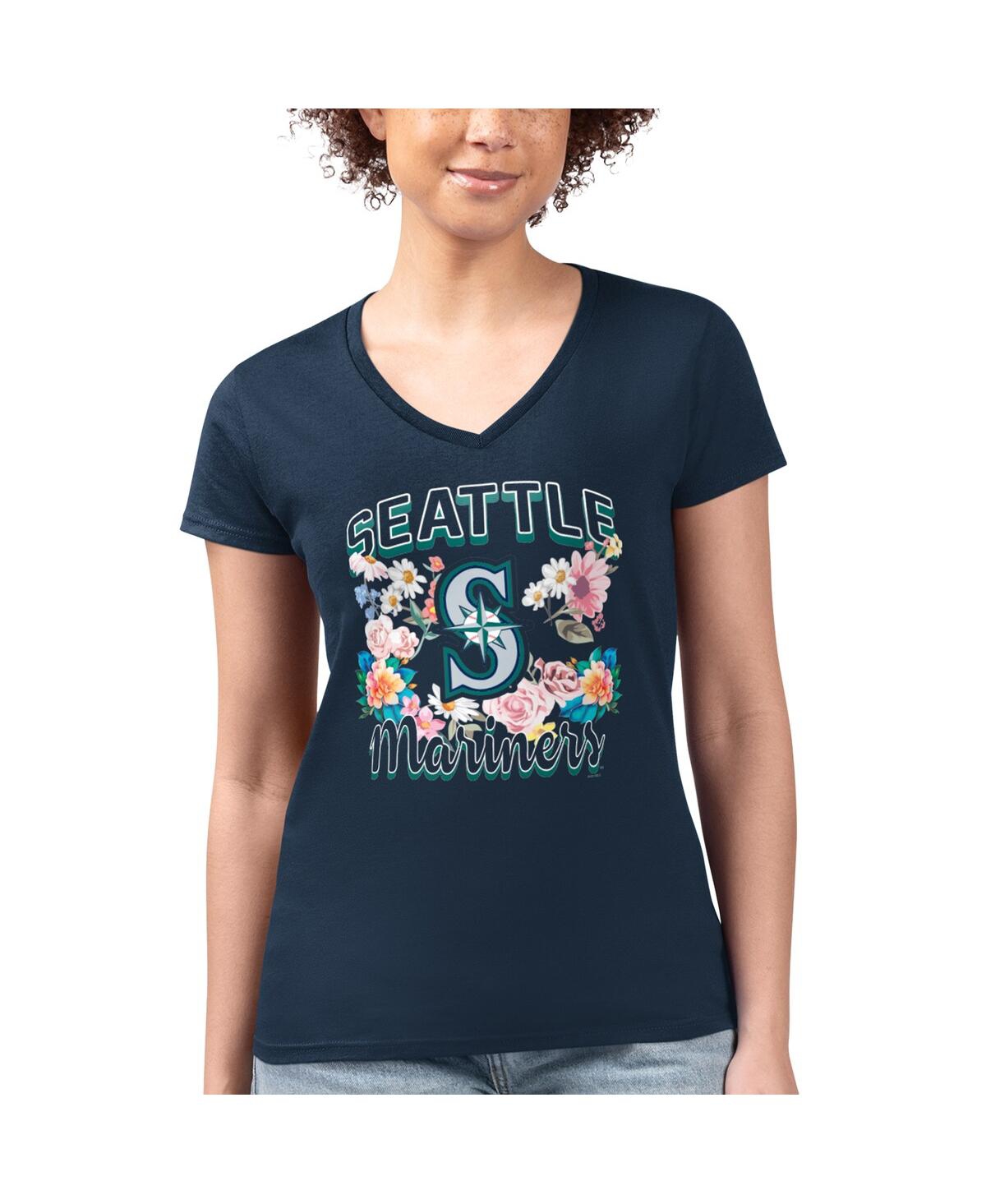 G-iii 4her By Carl Banks Women's Navy Seattle Mariners Super-slim Fit Lightweight Flowers Graphic V-neck T-shirt In Blue