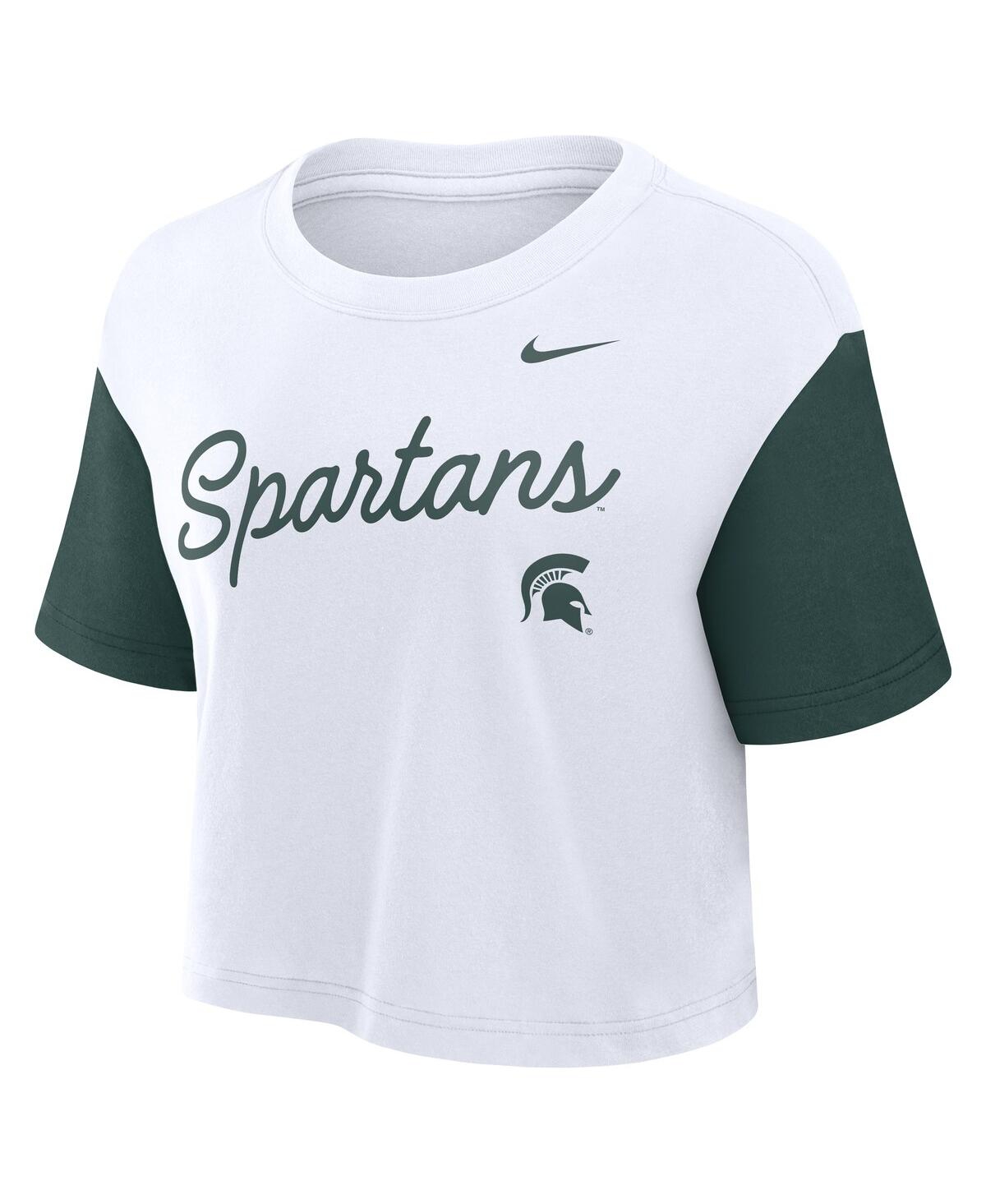 Nike Women's White/green Michigan State Spartans Color-block Script Performance Cropped T-shirt In Multi