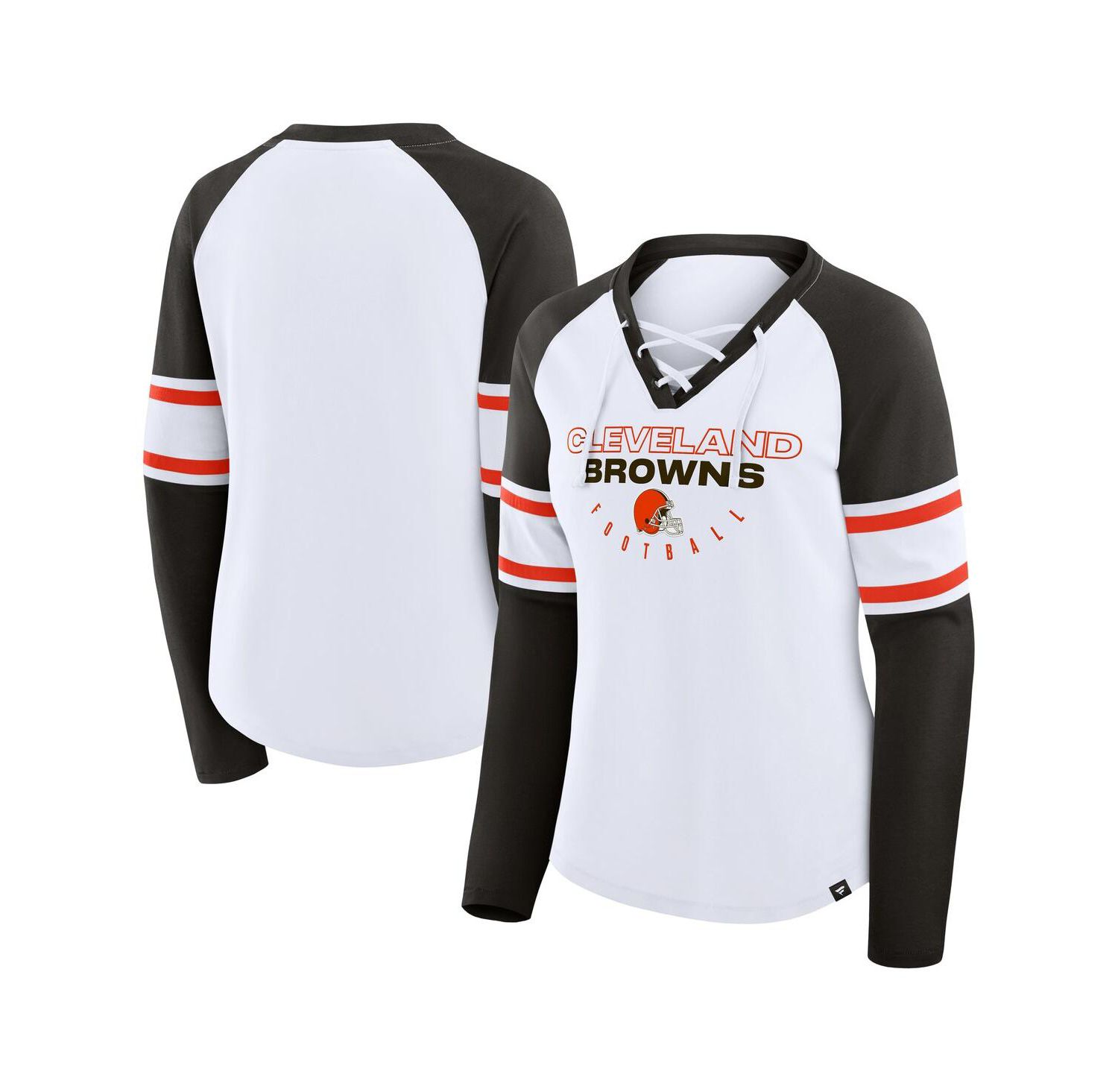 Women's White/Brown Cleveland Browns Redzone Blitz Package Raglan Lace-Up V-Neck Long Sleeve T-Shirt