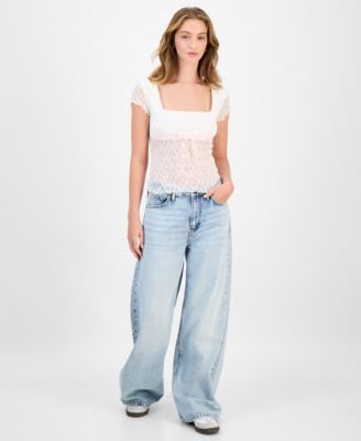 Juniors' Square-Neck Cap-Sleeve Lace Top