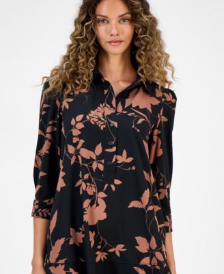 Women's Printed Collared Ruffle-Hem Shift Dress