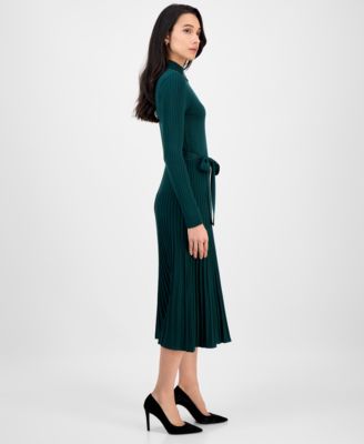 Women's Tie-Front Pleated Mock-Neck Sweater Dress