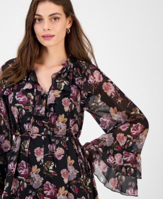 Women's Flare-Sleeve Ruffled Dark Rose Mini Dress