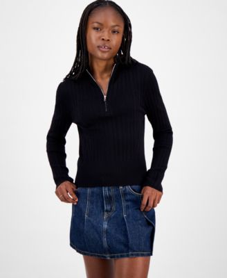 Juniors' Variegated Rib-Knit Half-Zip Sweater 