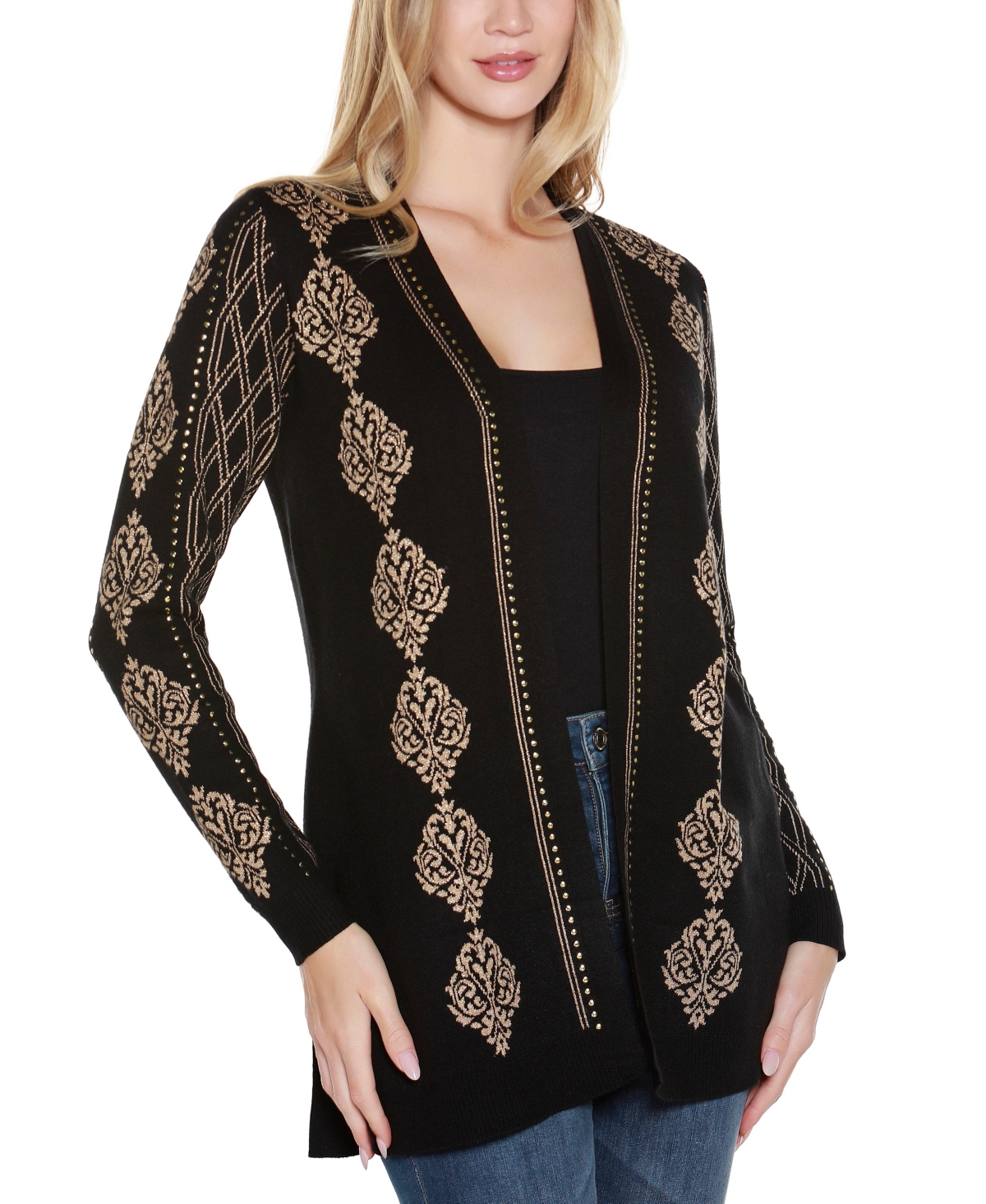 Belldini Plus Size Lurex Jacquard Open-front Cardigan Sweater In Black