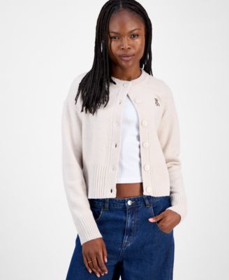 Hooked Up by IOT - Juniors' Teddy Bear-Embroidered Crewneck Cardigan