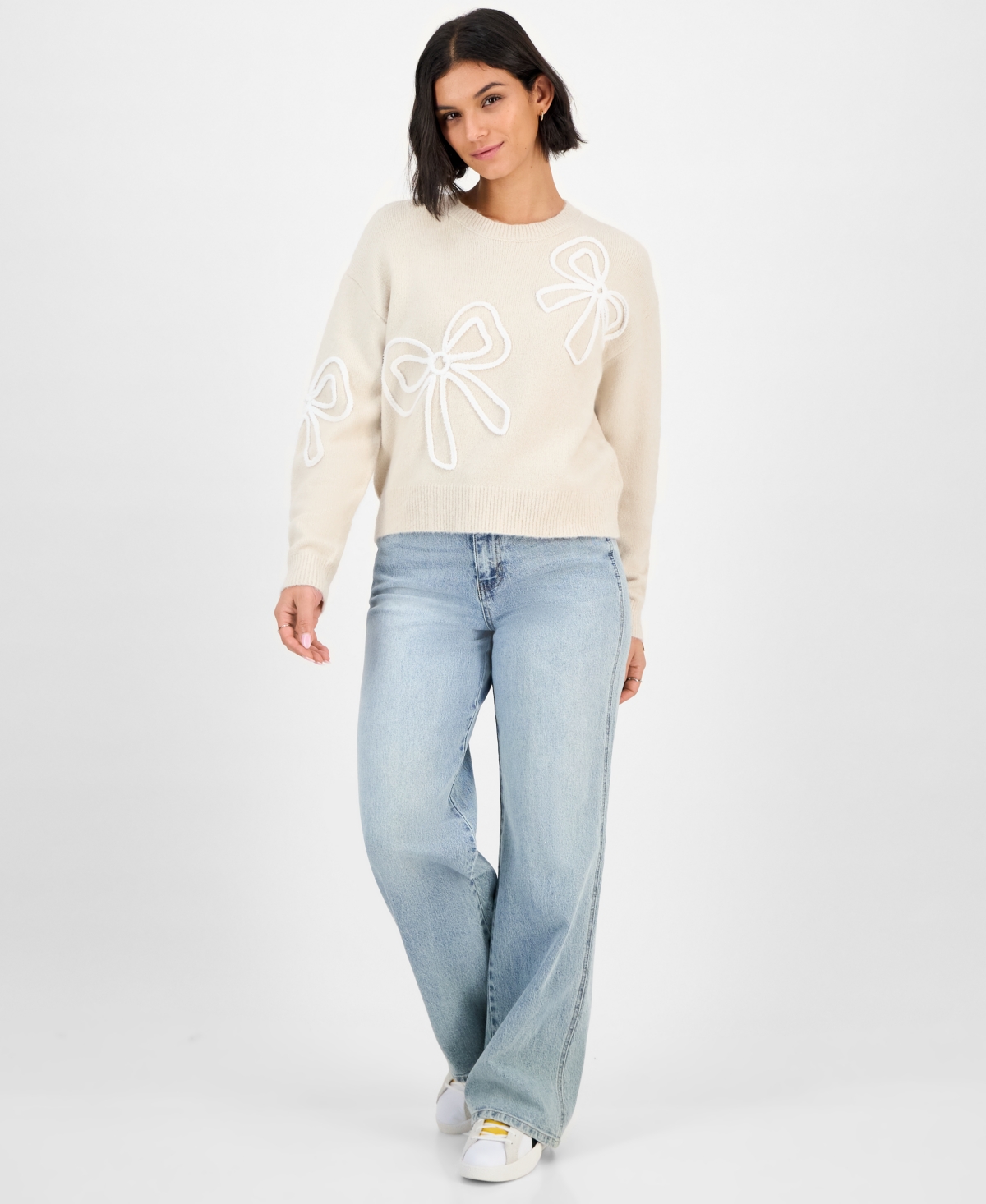 Hooked Up By Iot Juniors' Soutache Bow Crewneck Sweater In Neutral