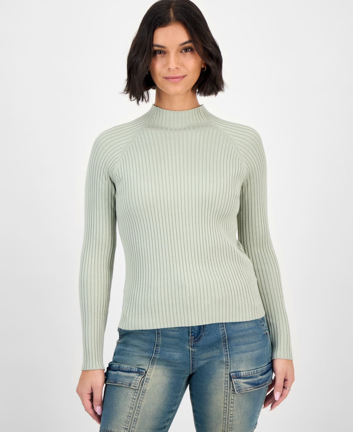 Hooked Up By Iot Juniors' Mock-neck Rib-knit Sweater In Green