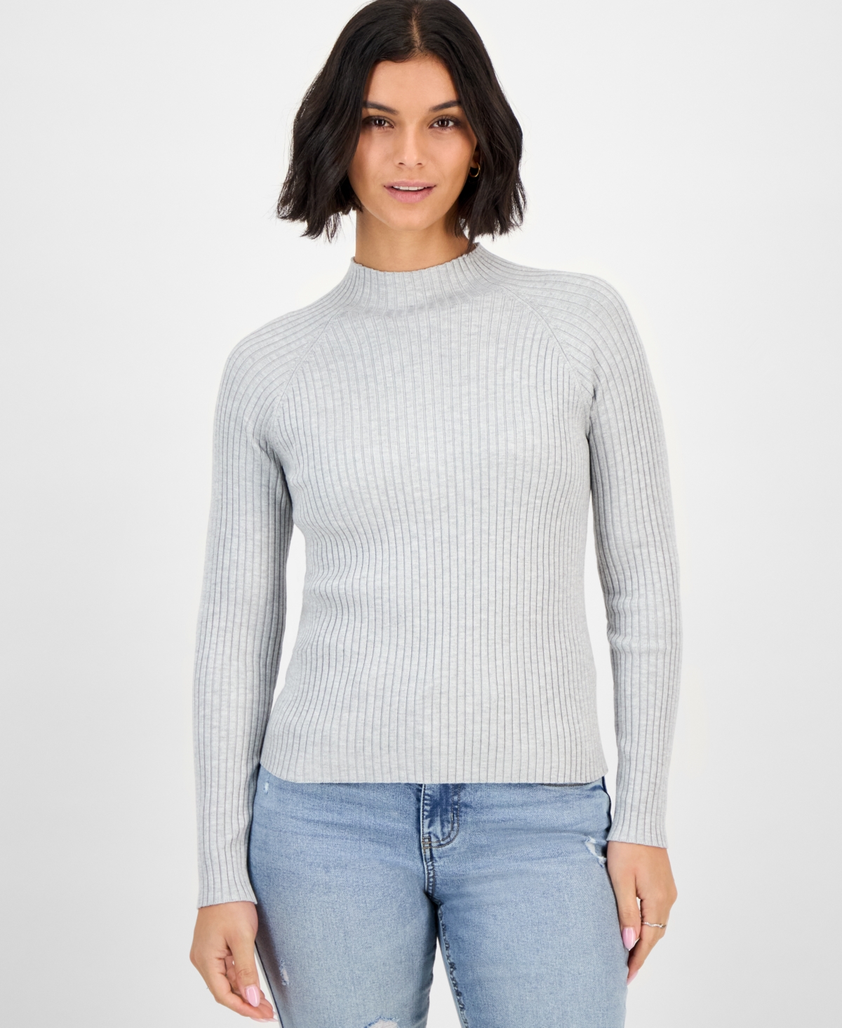 Hooked Up By Iot Juniors' Mock-neck Rib-knit Sweater In Gray