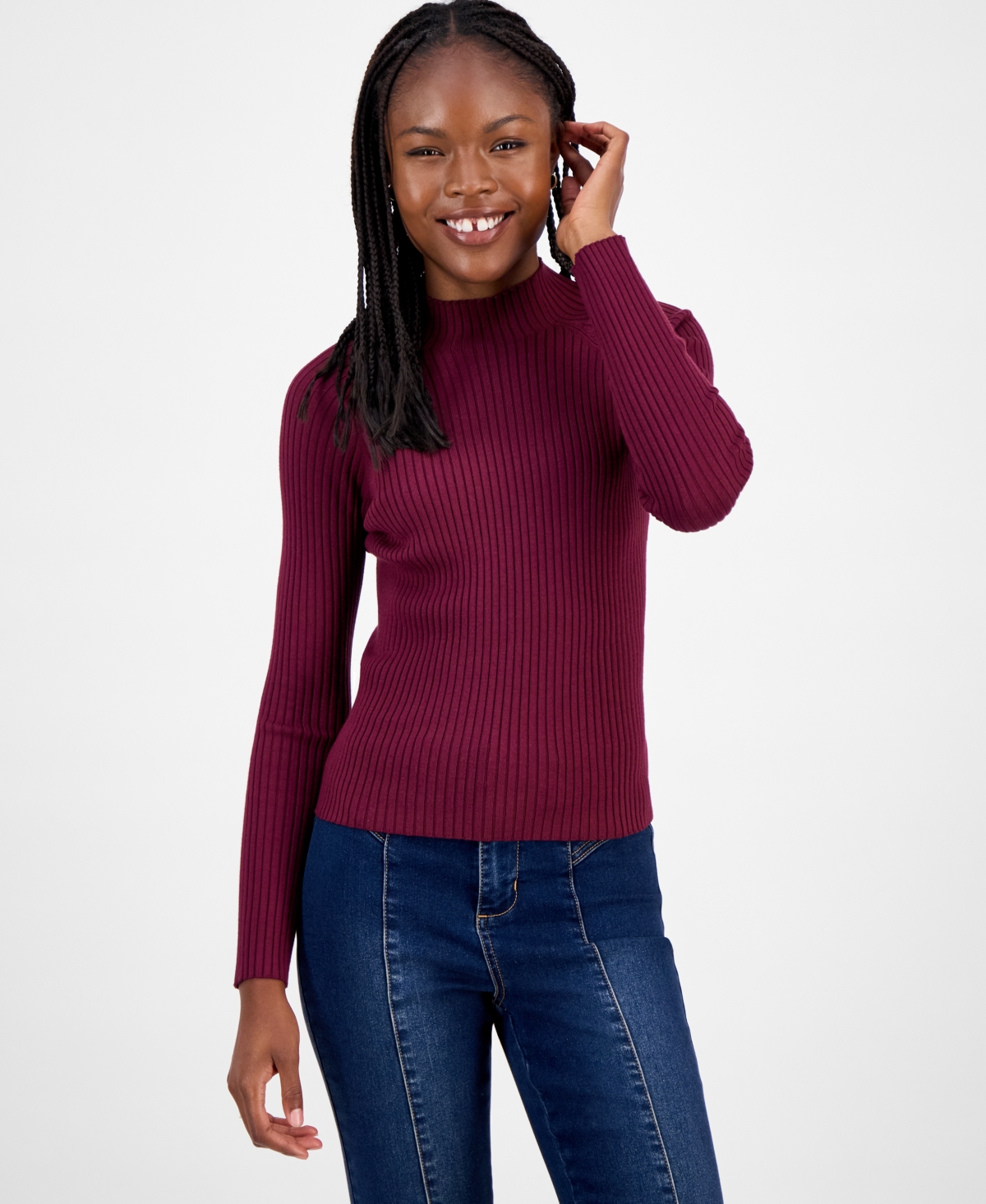 Hooked Up By Iot Juniors' Mock-neck Rib-knit Sweater In Burgundy