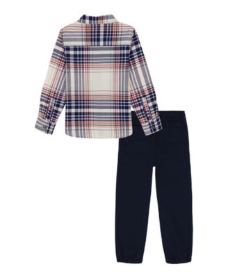 Boys' Toddler 2T-4T Chambray Trim Plaid Shirt and Prewashed Jogger Pants, 2-Piece Set