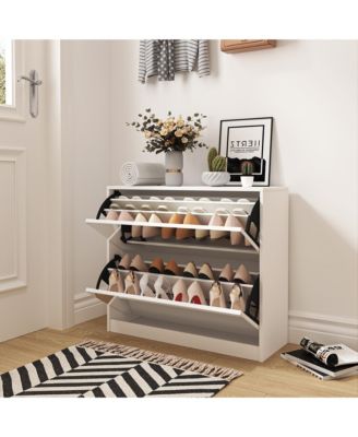 32.68&amp;quot;2 Tier Shoe Storage Cabinet with Draders for Entryway,Bedroom,Flip Door Design Shoe Cabinet,White