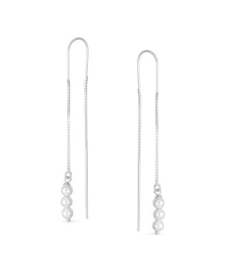 Set of 2 Minimalist Long Chain Wire Hook Dangle Earrings 3 Pearls 4 Bead Balls Sterling Silver