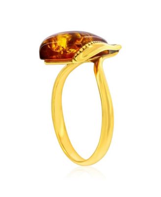 Sterling Silver, Amber Marquise Ring - Gold Plated