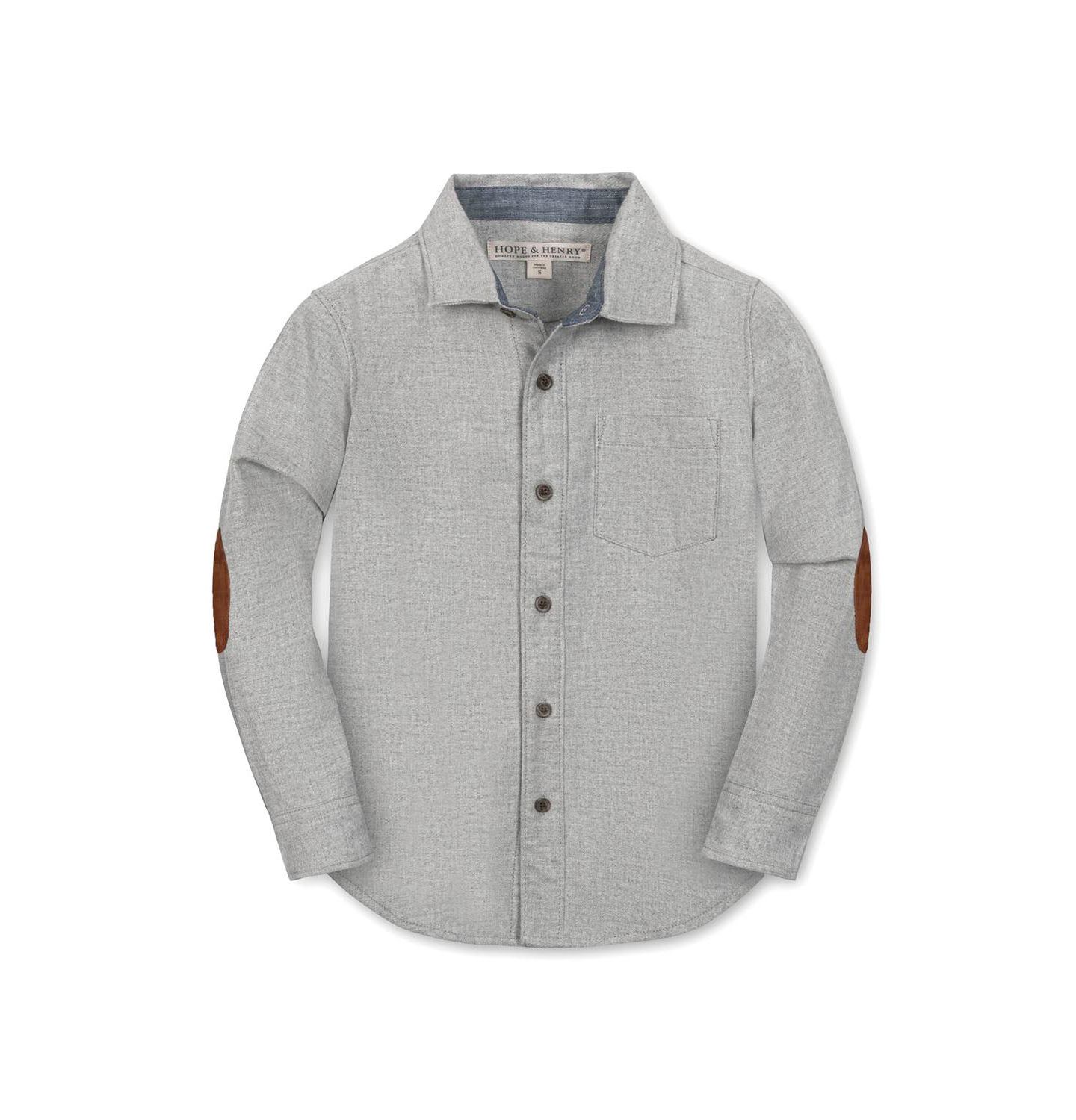 Рубашка Hope & Henry Organic Long Sleeve Flannel Button Down Shirt with Elbow Patches для мальчиков, цвет: Серый меланжевый — фото 1