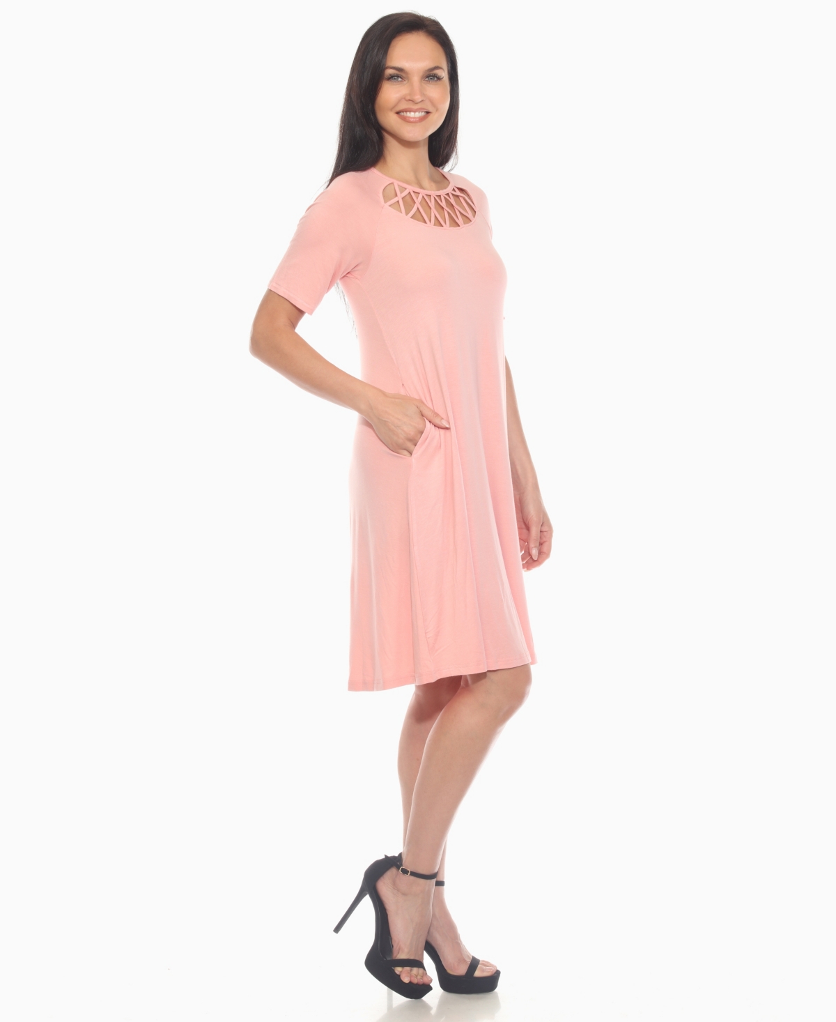 White Mark Plus Size Short Sleeve Crisscross Neck A-line Dress In Pink