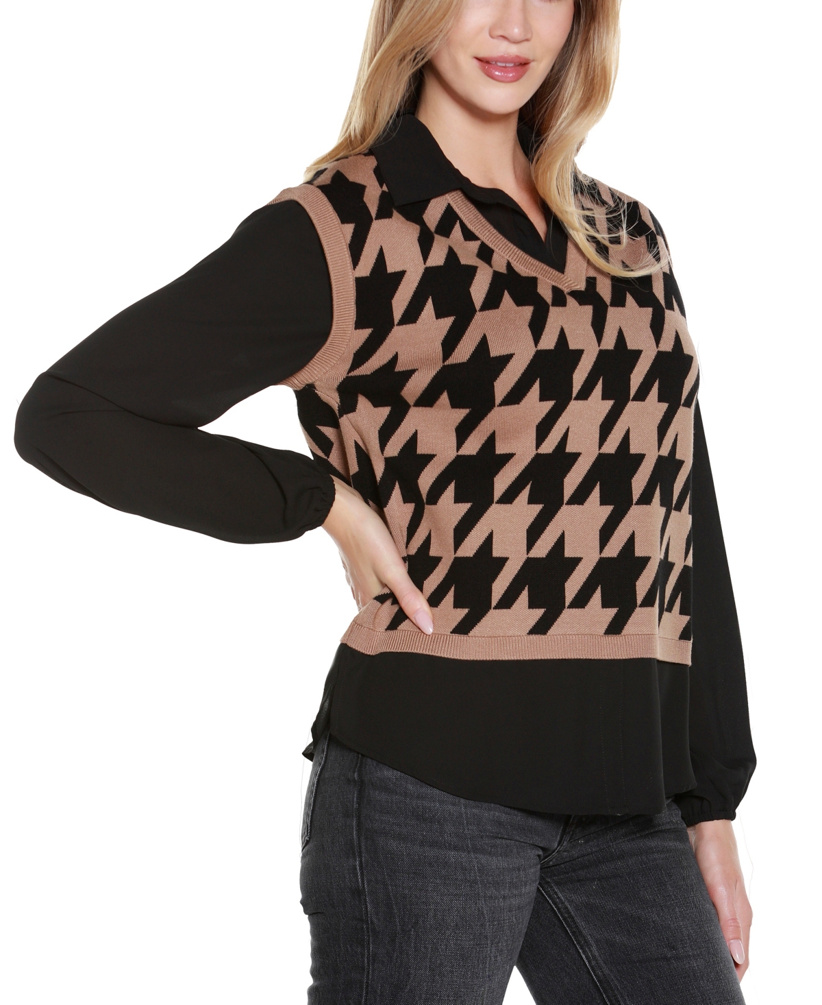 Belldini Plus Size Houndstooth Two-fer Sweater In Brown