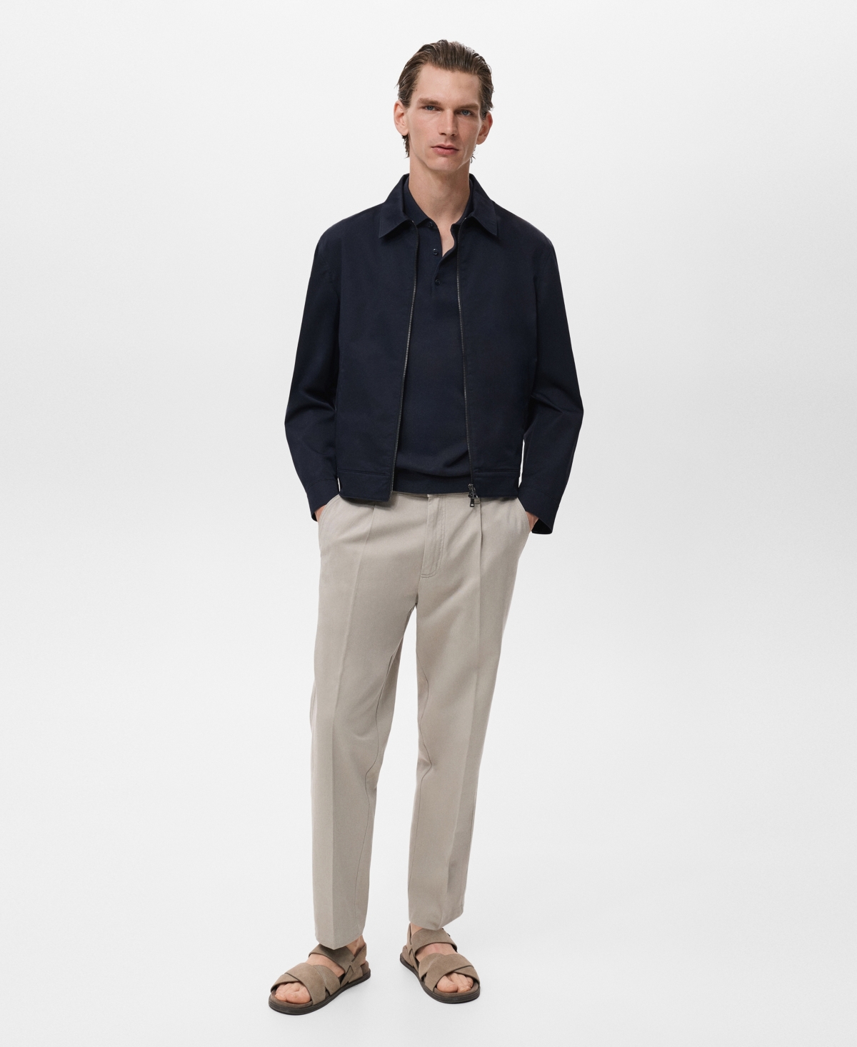 Mango Cotton Blend Zip-up Jacket In Blue
