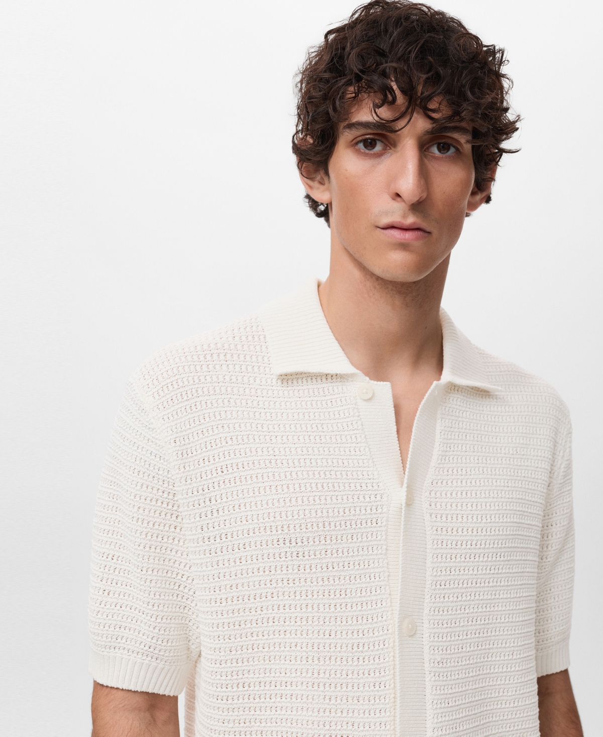 Mango Short Sleeve Knit Button-up Shirt In White