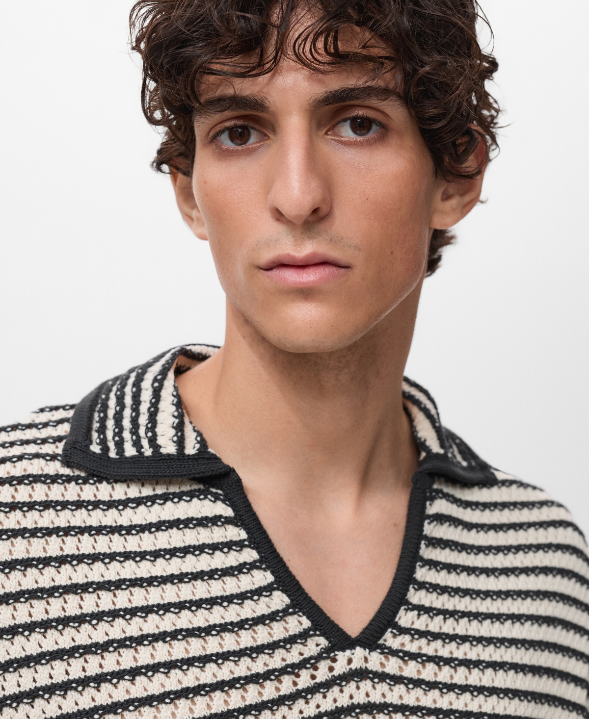 Mango Stripe Open Stitch Cotton Polo In Neutral