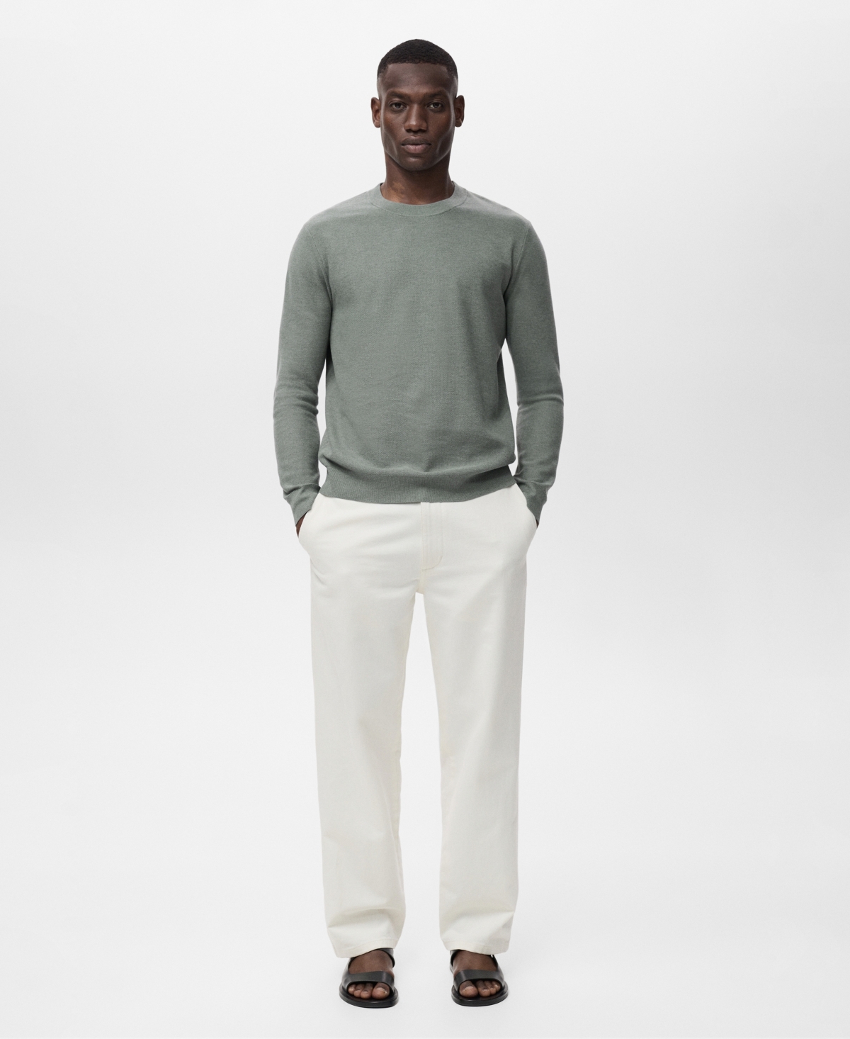 Mango Crewneck Linen Sweater In Green