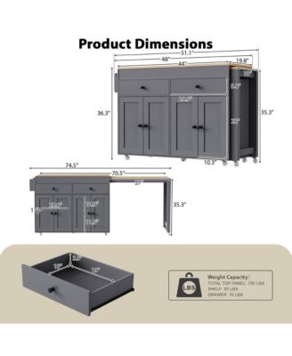 74.5" Kitchen Island with Pull-Out Dining Table, Rolling Storage Cart with 2 Drawers, Cabinets & Spice Rack-Maison Boucle