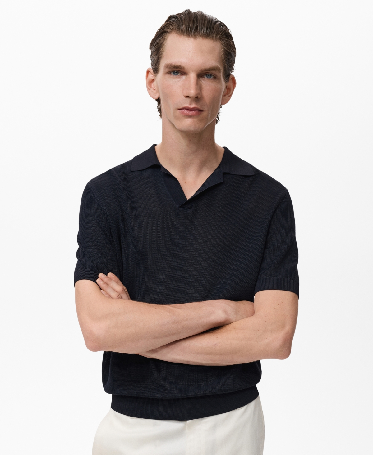 Mango Structured Fine Knit Polo In Black