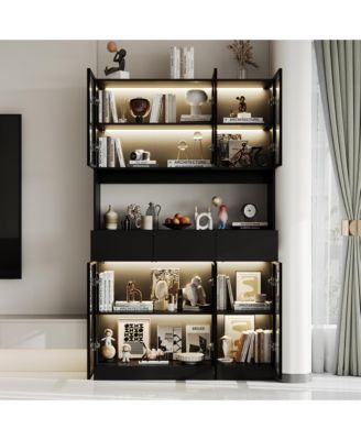 Bookshelf/Pantry with Glass Door and LED Lights for Living Room/Kitchen