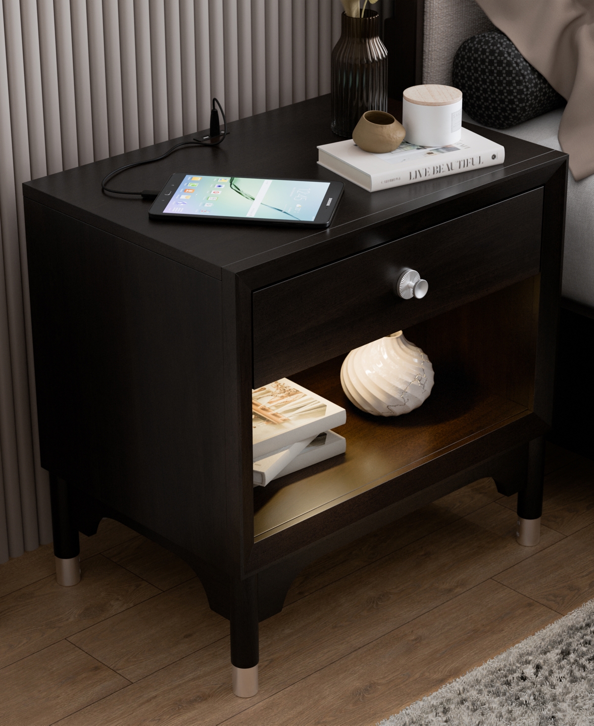Furniture Of America Forma 26" Solid Wood 1-drawer Nightstand With Touch Light In Black