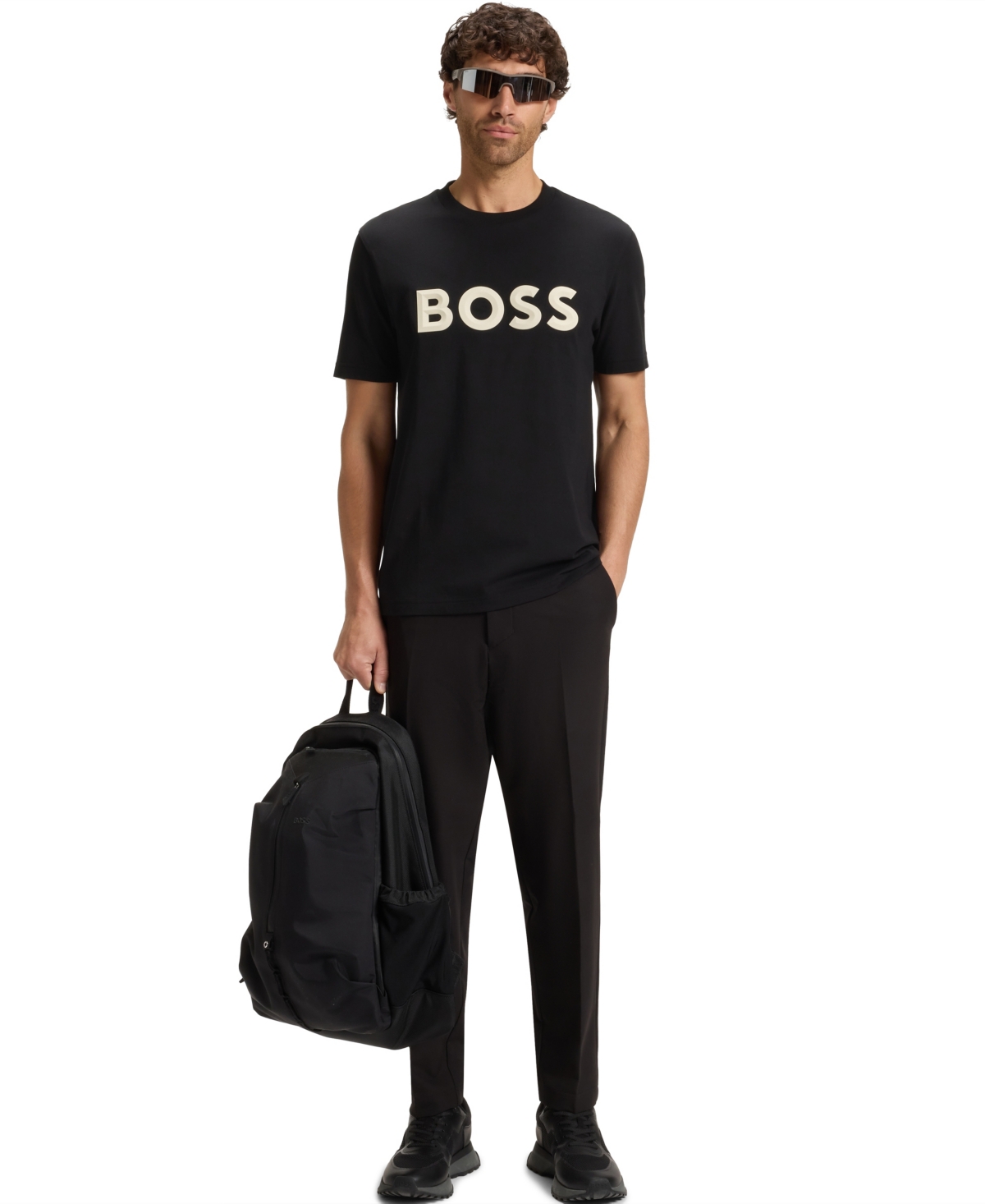 Hugo Boss Cotton-jersey T-shirt With Curved-logo Print In Black