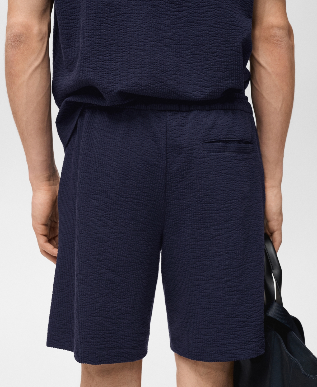 Mango Drawstring Seersucker Shorts In Blue