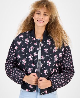 Rebel Veil - Juniors' Floral-Print Quilted Bomber Jacket