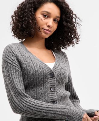 Juniors' Cable-Knit V-Neck Cropped Cardigan