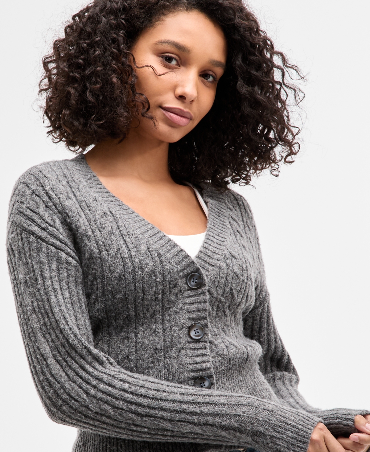 Self Esteem Juniors' Cable-knit V-neck Cropped Cardigan In Multi
