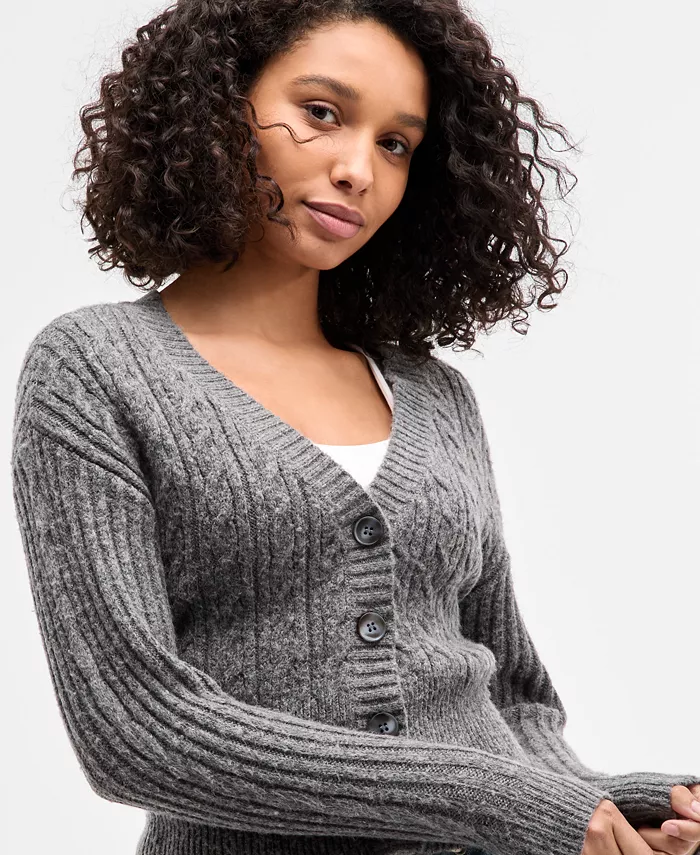 Juniors' Cable-Knit V-Neck Cropped Cardigan - thumbnail 6