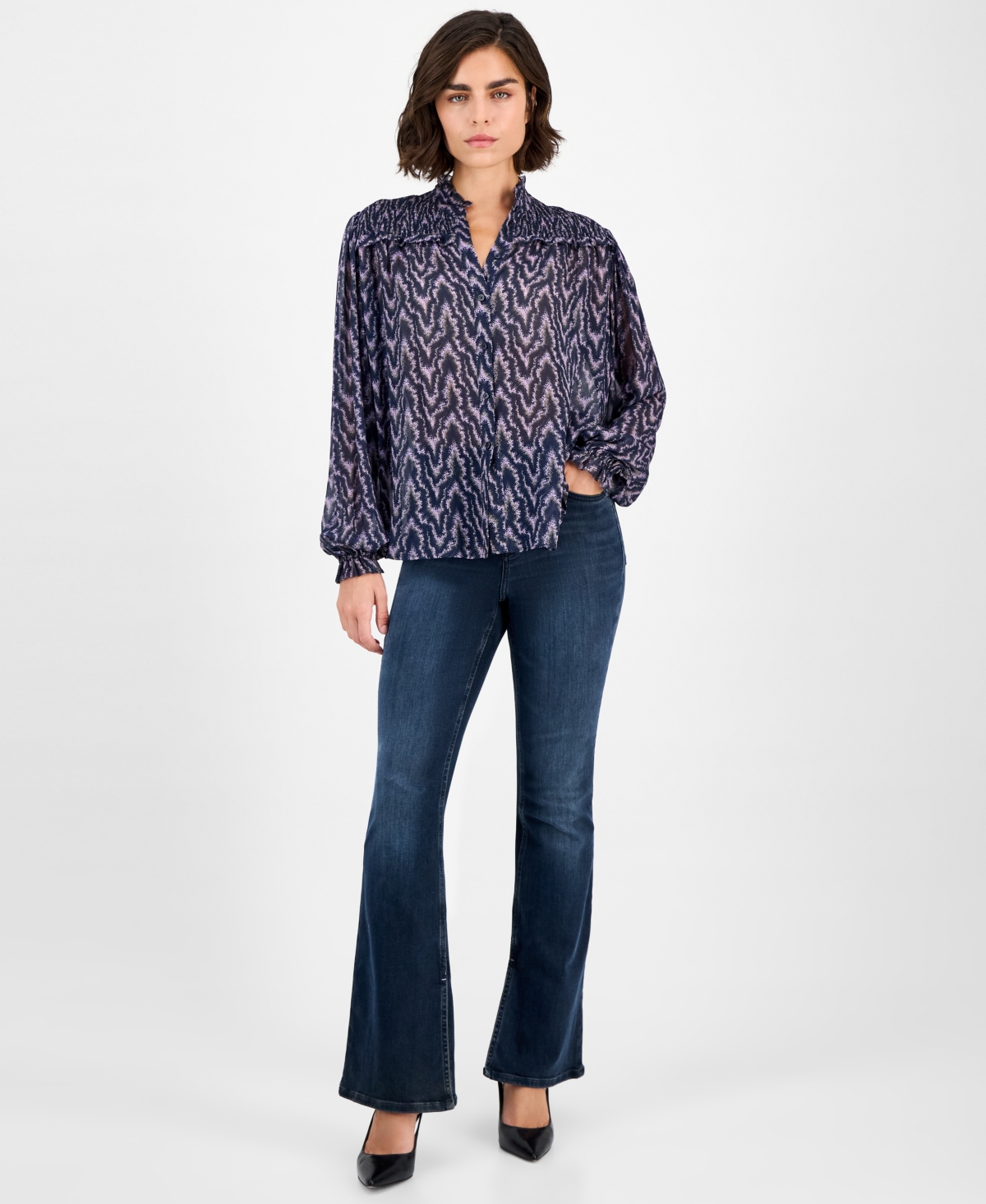 Hugo Boss Women's Smocked Mock Neck Blouse In Blue