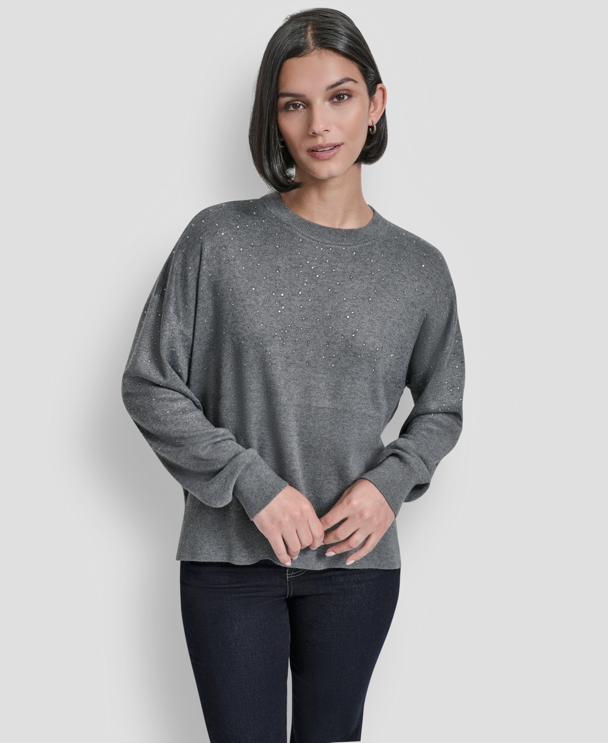Dkny Women's Sparkle Hotfix Long Sleeve Sweater In Gray