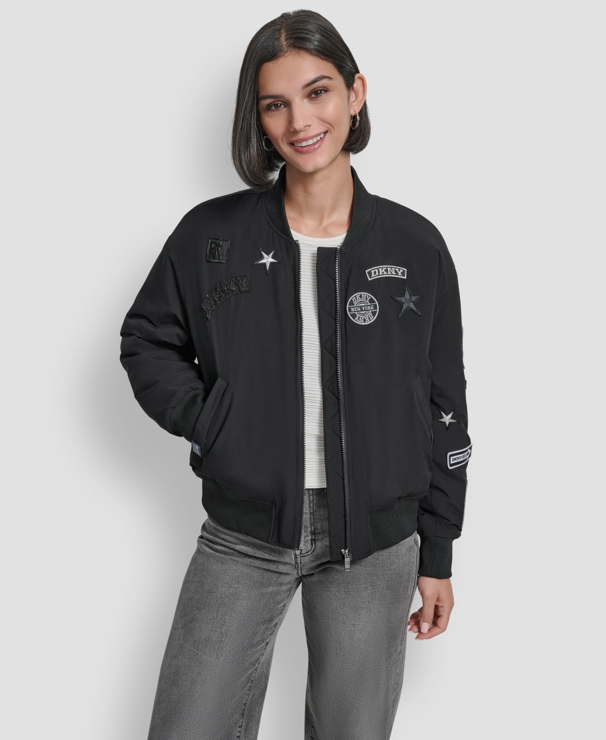 Dkny Women's Pins And Patches Long Sleeve Bomber Jacket In Black
