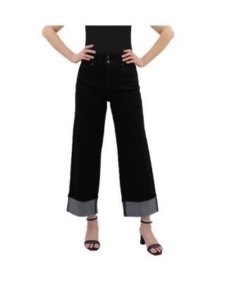 Black High-Rise Wide-Leg Cropped Cuff Tummy Tuck Jeans