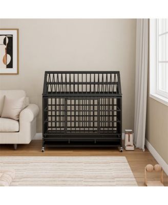 Black Metal 48 in. Heavy Duty Dog Crate with Wheels, Folding Big Dog Cage with a pointed roof and Removable Tray